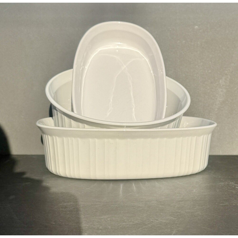 Lot of 3 Corningware French White 2 Oval & 1 Round Casserole Baking Dishes